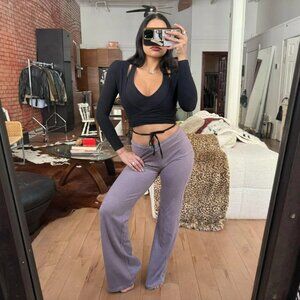 Y2K Purple Waffle Knit Wide Leg Pants Drawstring Lounge Cozy